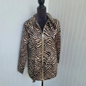 Chic Dana Buchman Zebra Gold Zip Belted Lightweight Jacket Tan Beige Black Sz S